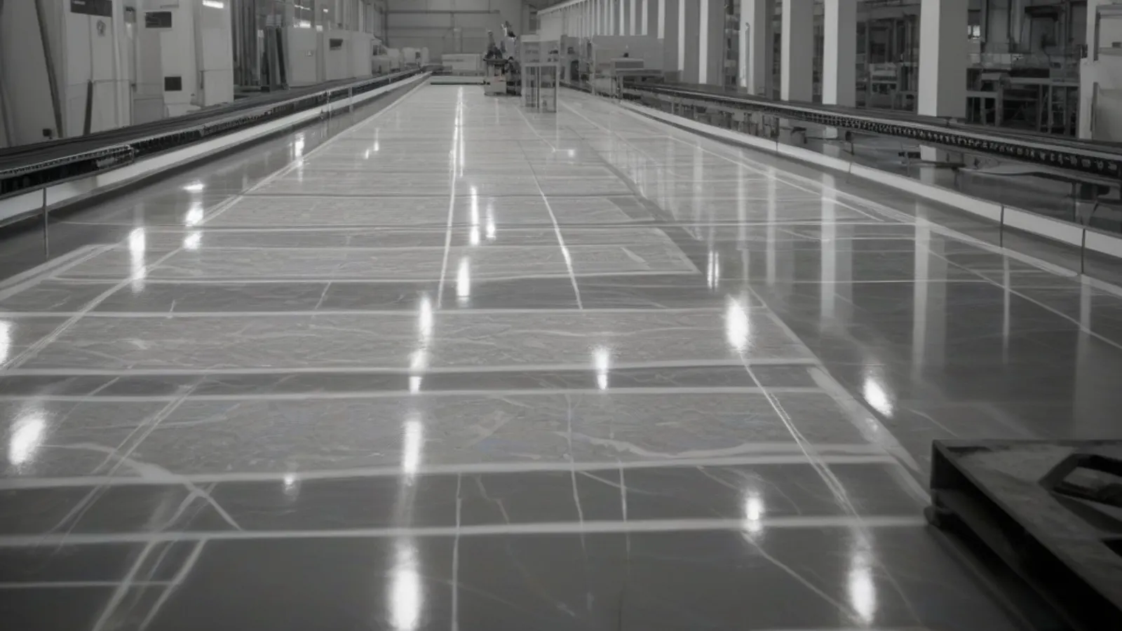 Lastra di gres porcellanato di grande formato con una texture grafica complessa, illuminata di taglio in un reparto di produzione ceramica